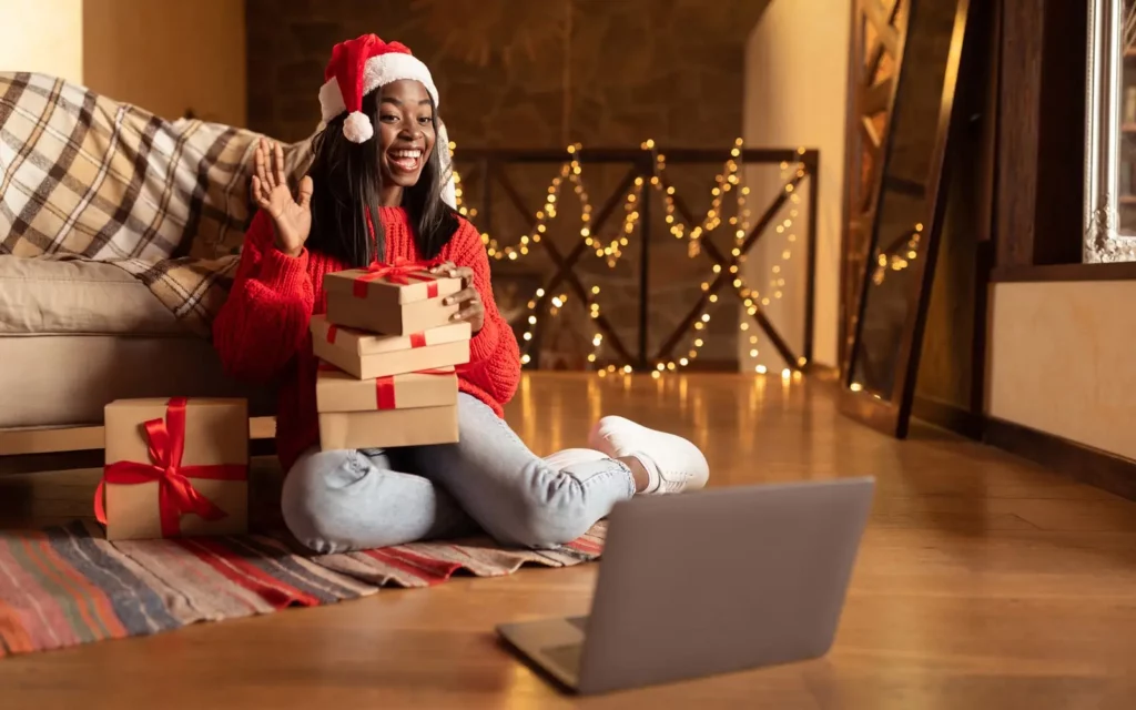 Woman enjoying a virtual christmas party