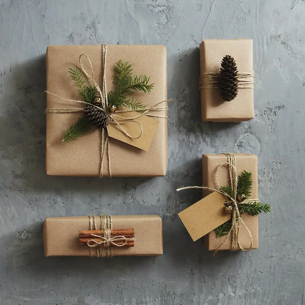 Eco-Friendly Gift Wrapping materials - paper-hemp string-greenery, pinecones