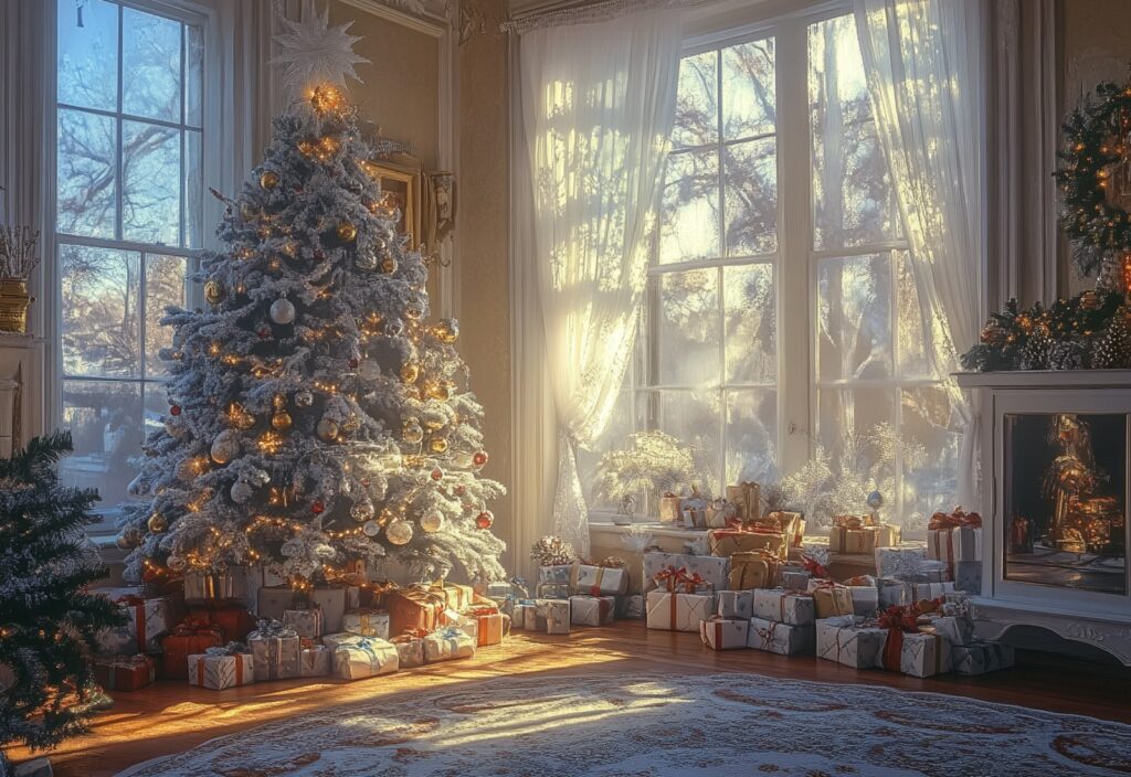 family gift ideas for Christmas 2024 feature - living room full of gift on Christmas morning